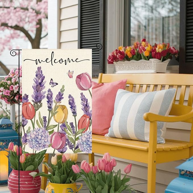 Spring Summer Tulips Hydrangeas Welcome Garden Flag 12 x 18 Inch Double Sided, Lavender Floral Butterflies Burlap Small Yard Flag Holiday Farmhouse Flags for Patio Outdoor Outside Decoration