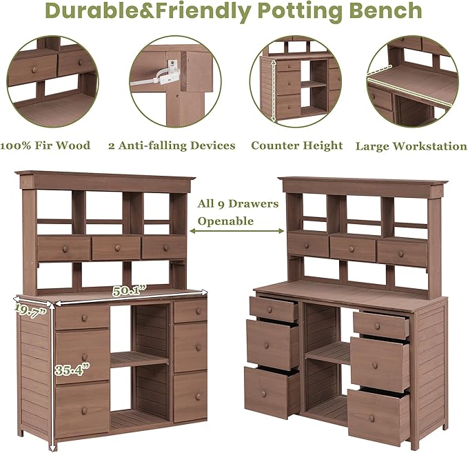 RUNNA Garden Potting Bench Table, Rustic and Sleek Design Wood Outdoor Garden Work Bench with Multiple Drawers and Shelves for Storage,Patio Workstation for Garden, Patio, and Backyard (Brown#018)