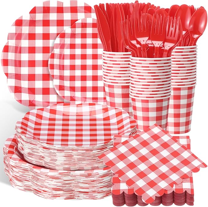 Funnymoom 400 Pcs Gingham Party Supplies for 50 Guests Red and White Paper Plates and Napkins Knives Spoon Fork Cup Disposable Checkered Dinner Party Set Cutlery for Baby Shower Wedding Favor