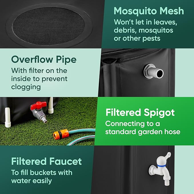 Rhino CLEARMATE Collapsible Rain Barrel | 53-Gal Extra-Stable Rainwater Collection System | Portable Rain Barrels to Collect Rainwater from Gutter| Heavy-Duty Rain Catcher