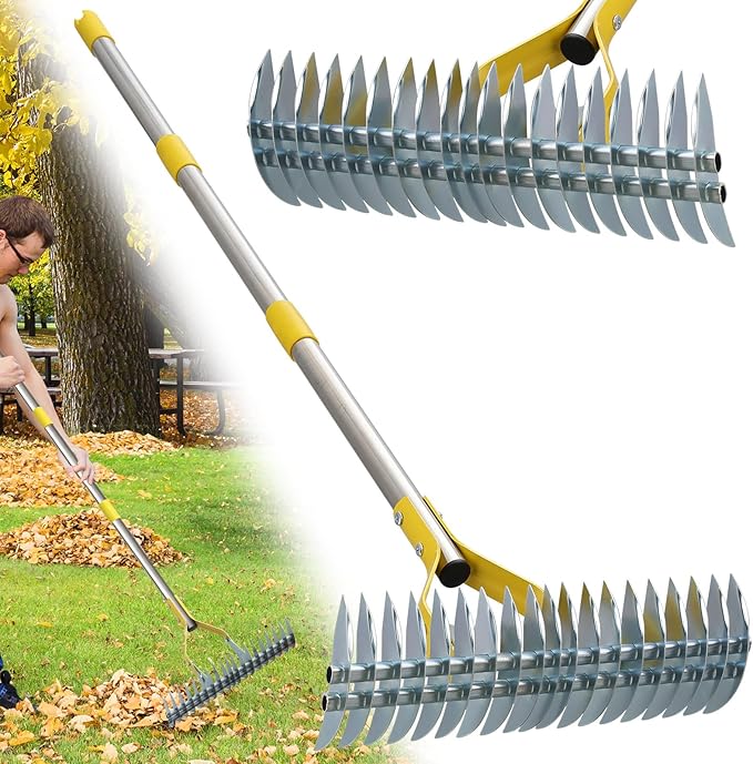 2-in-1 Thatch Rake for Lawn Long Stainless Steel Thatching Rake with Sharp Dethatching Blade Manual Dethatcher & Scarifier Tool for Dead Grass Removal,Soil Loosening Garden Yard Lawn Care (55inch)