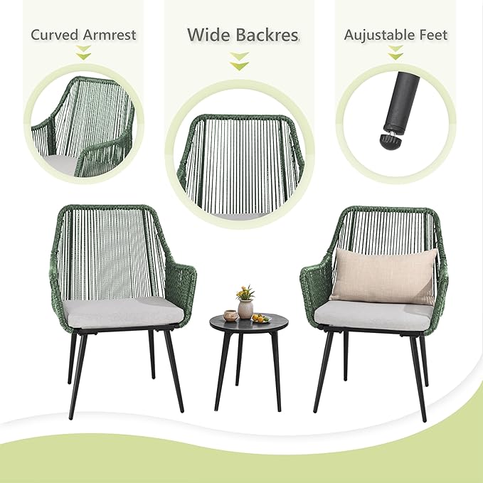 Patio Dining Chairs, Outdoor Dining Chairs with Armrest & Cushion Set of 2, All-Weather Woven Twisted Wicker Rattan Chair, Modern Indoor Outdoor Seating for Garden Lawn Backyard Green
