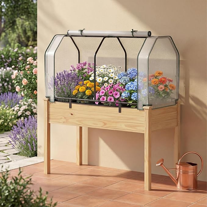 Giantex Raised Garden Bed with Mini Greenhouse, w/Dual Zipper Door, 47.5”x21.5”x24” Planter with Green House for Patio Lawn Garden, Easy Assembly (Natural & White)