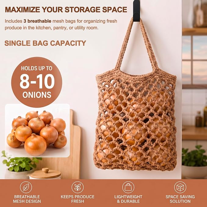 Honeydak 3 Hanging Baskets, Dark Brown, Mesh, Cotton Rope | Wicker Wall Baskets with Hooks for Fruit Vegetable Onion Storage, Teardrop Organizer for Kitchen, Boho Farmhouse Decor