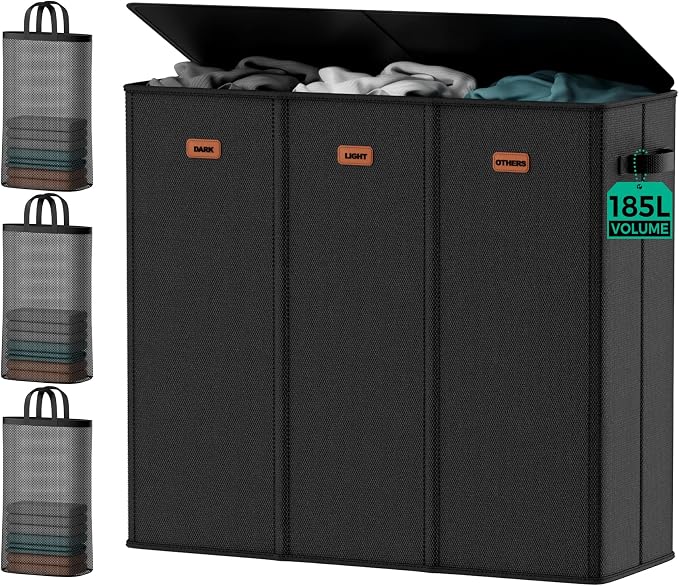 185L Laundry Hamper 3 Section with Lid & Removable Bags | Collapsible laundry basket organizer for laundry room, bedroom & dorm with 3 removable washing bags