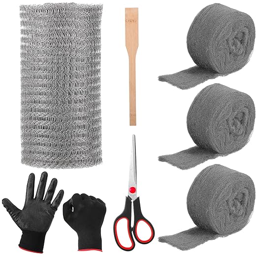 Steel Wool for Mice Control Mesh Rodent Control Kit 1 Pack Rustproof Mesh Roll and 0000 Steel Wool Mouse Hole Filler with Gloves, Scissors for House Garden Home Garage(5in X 14.8ft)