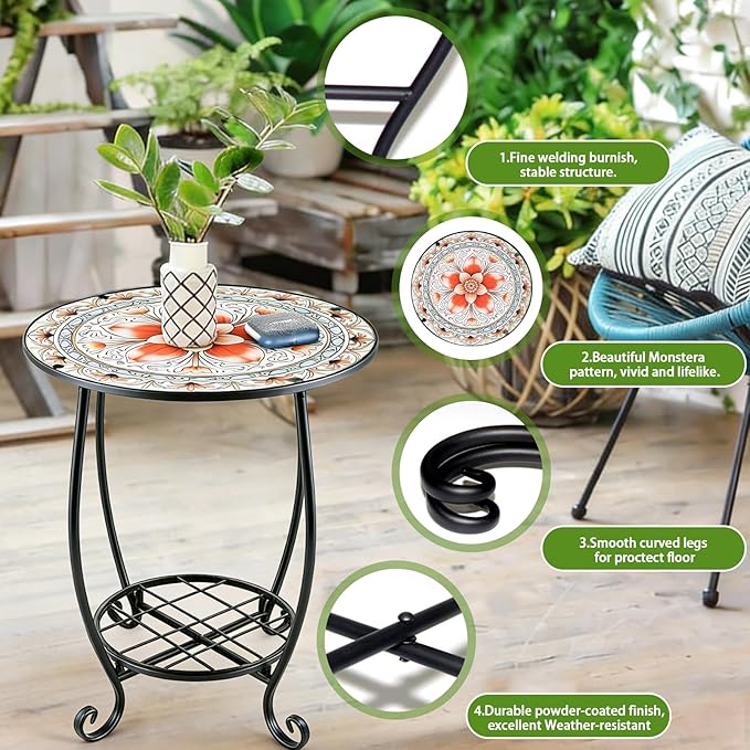 Arbuxzuy 2pcs Small Outdoor Side Table with Colorful Flowers, Glass Mosaic Patio Table Indoor, Round Plant Coffee Table for Living Room, Balcony, Garden（Pink Flowers Style）