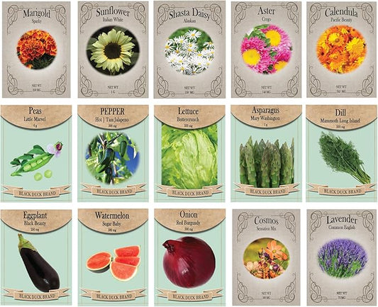 Vegetable, Flower, and Herb Seed Set - 15 Varieties of Non-GMO & Heirloom Premium Seeds for Planting - Asparagus, Jalapeno Pepper, Marigold, and More!