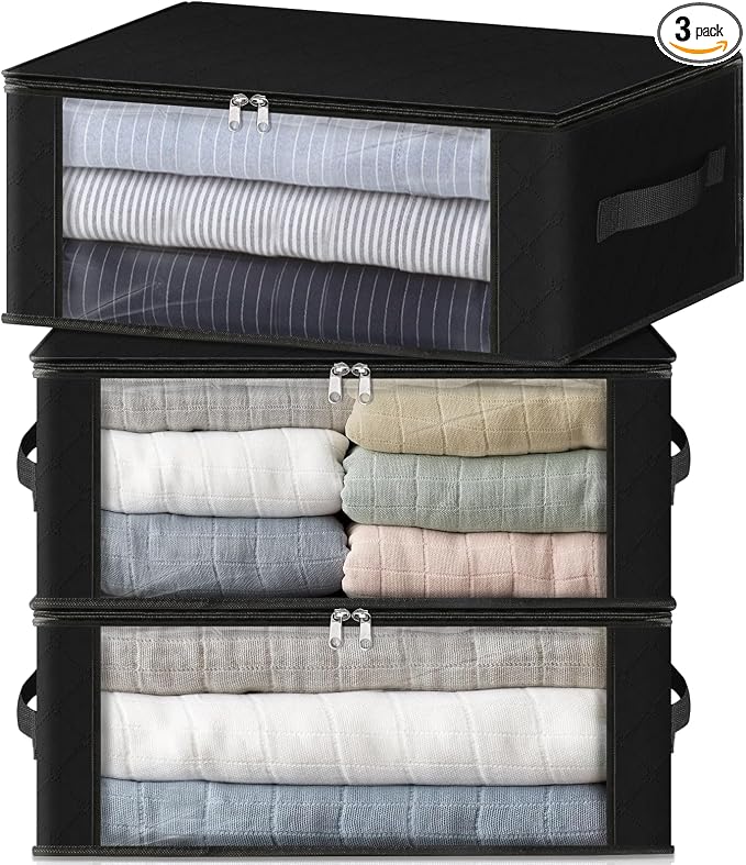 HomeHacks 3-Pack Clothes Organizer Storage Bags, 35L Storage Bins, Black