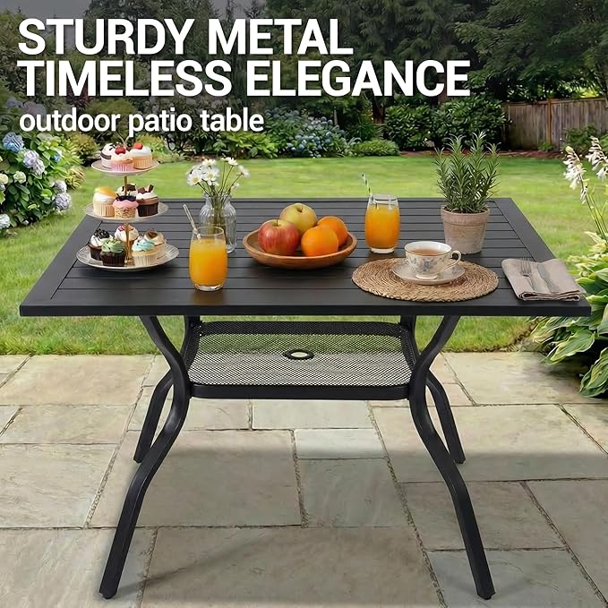 37" Outdoor Dining Table for 4 Person, Metal Rectangular Steel Slat Square Patio Dining Table with Adjustable Umbrella Hole for Garden, Partitioned Storage Rack, Backyard and Porch, Black
