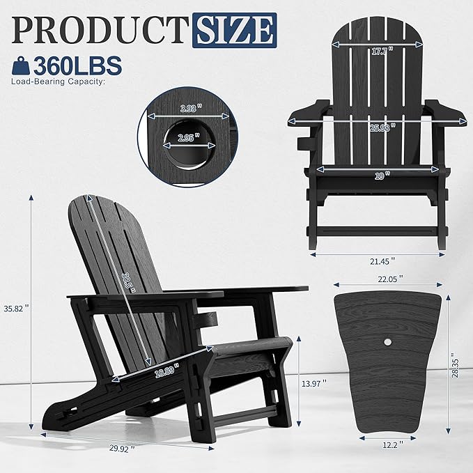 Vongrasig Adirondack Chairs Set of 2 with Removable Tabletop, Outdoor HDPE Plastic Fire Pit Chair Set with Wooden Textured, Cup Holder for Patio, Poolside, Deck, Garden, Black, 3 Pieces