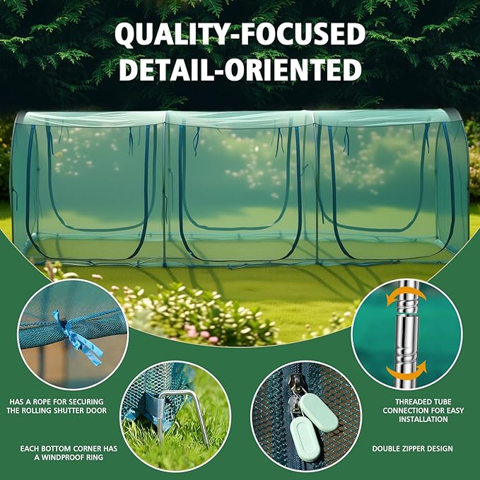 148x49x49inch Crop Cage Portable Tunnel Plant Netting Cover Tomato Netting, 4 Roll-Up Zipper Door Garden Cage, Bug Netting Cover for Vegetables & Fruits, Durable Raised Garden Bed Covers