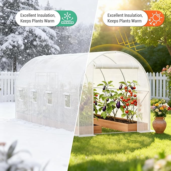 Premium 14.6x6.4x6.3 Ft Greenhouse for Outdoors, Large Walk-in Heavy Duty Galvanized Steel Frame, Mesh Door Screen Window Tunnel Hoop Garden Plant Winter Hot House for Backyard Plants Shed White