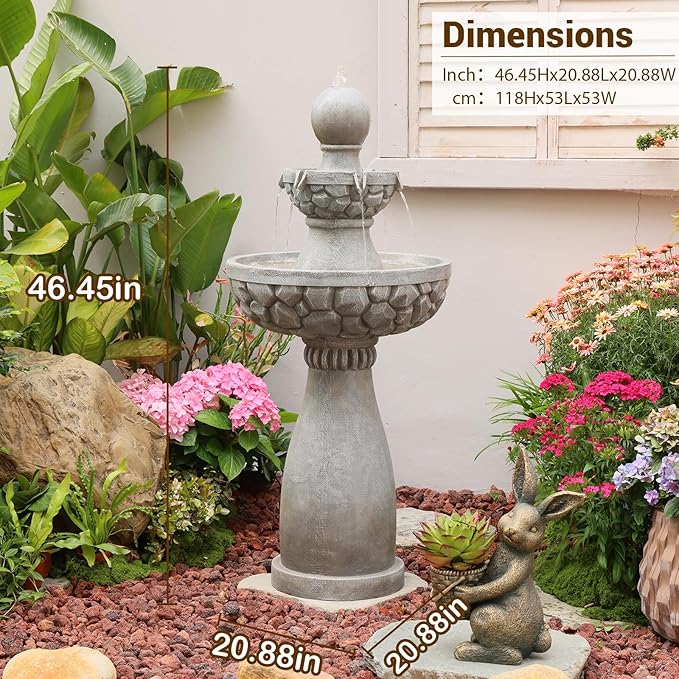 Sunlinua 46.5H 3-Tier Outdoor Water Fountain with LED Lights Italian Resin Garden Fountain for Patio Yard Weather-Resistant Cascading Waterfall Feature with Quiet Pump Elegant Backyard Décor Gray