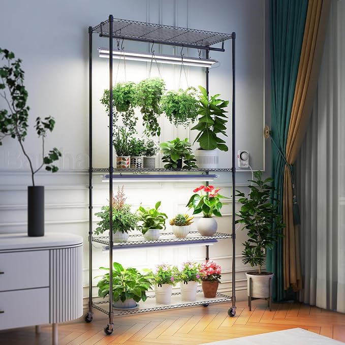 Barrina CX3 Plant Stand with Grow Light, 4-Tier, 108W, 35.4x13.8x70.9IN | 3FT 5000K Full Spectrum Plant Lamps, Indoor DIY Plant Shelf, Flower Pot Display Rack, Greenhouse, Wheel, Mechanical Timer