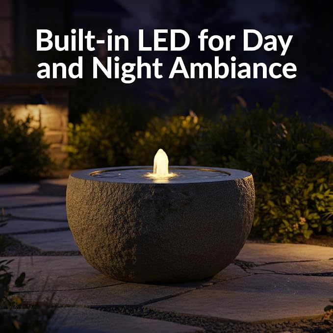 Sunnydaze Outdoor Water Fountain with LED Light - Polystone Round Bowl Bubbler Water Feature with Pump - 9.5" H - for Patio, Garden, Deck, Relaxation and Stress Relief - Gray