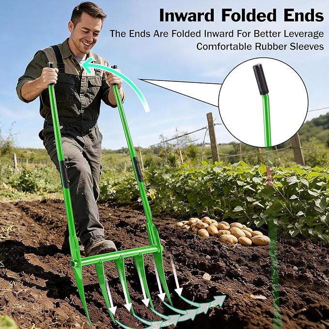56'' Heavy Duty Broadfork for All the Soils, Unbreakable Pitchfork, 5 Sharp Cambered 11'' Tines Bord Fork Garden Tool, Ergonomic Handles, Good Package, Easy Assembly, Cultivator & Tiller，Green.