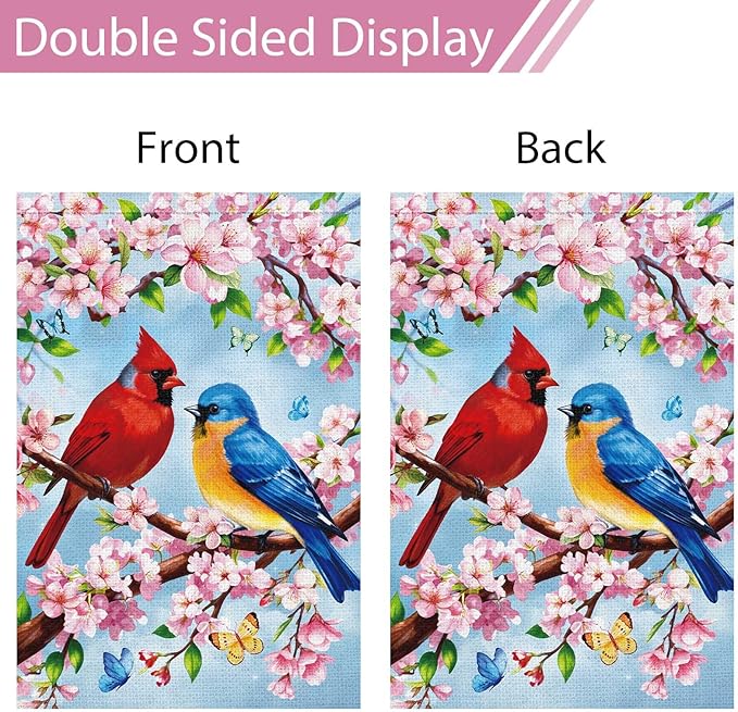 Heyfibro Spring Summer Cardinal Garden Flag 28x40 Double Sided Burlap, Bluebird & Cherry Blossom Flower Yard Banner for Rustic Seasonal Outdoor Decoration (ONLY FLAG)