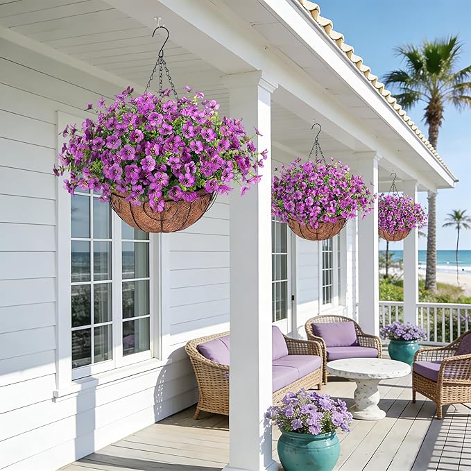 Ammyoo Artificial Faux Hanging Plants Flowers Basket for Spring Outdoor Decoration, Fake Silk Daisy UV Resistant Look Real with Eucalyptus Leaves Summer Outside Decor for Home Patio Garden