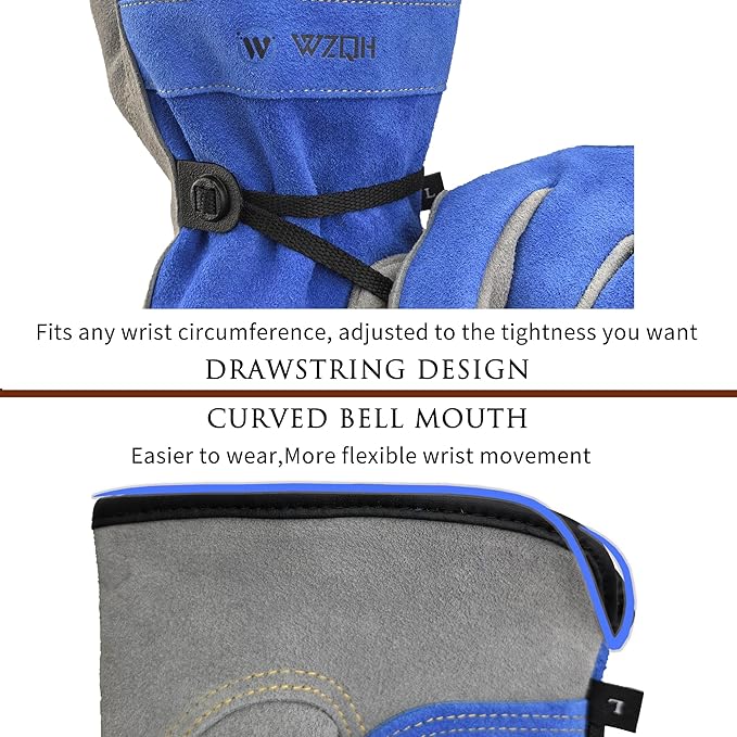 WZQH Leather Work Gloves for Men or Women. XX-Large Glove for Gardening, Tig/Mig Welding, Construction, Chainsaw, Farm, Ranch, etc. Cowhide, Cotton Lined, Utility, Firm Grip, Durable. Blue-Grey 2XL