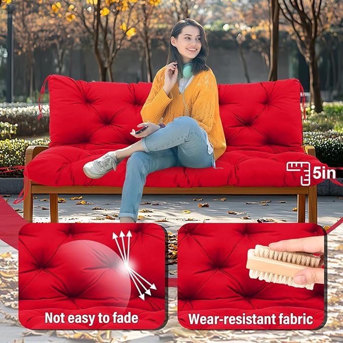Extra Thick 5" Waterproof Porch Swing Cushions Outdoor 48 inch Swing Cushions 2-3 Seater Replacement with Backrest and Ties for Outdoor Furniture Patio Bench Garden (Bright red)