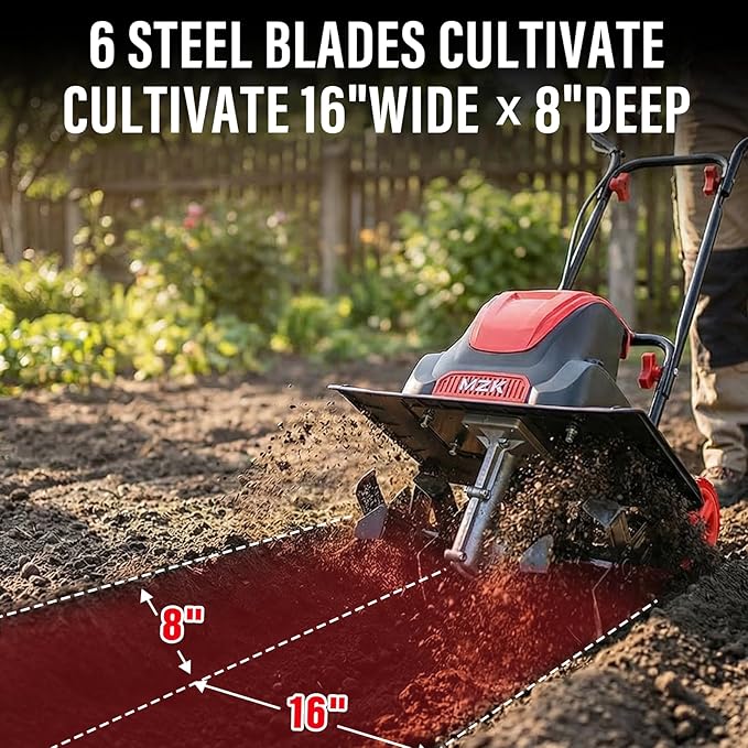 MZK 16-Inch 13.5-Amp Corded Electric Tiller/Cultivator, 8-inch tillling Depth with Adjustable Wheels, Foldable Electric Rototiller for Lawn/Yard/Garden Soil Digging,TC16A08