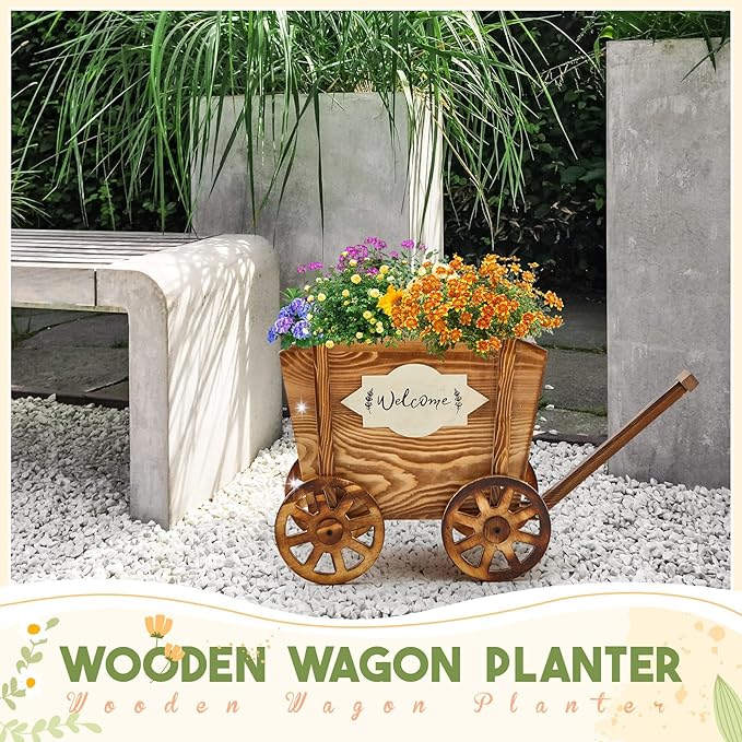 Beeveer Wooden Wagon Planter with Wheels Wagon Flower Planter Wooden Wheelbarrow Decorative for Herbs Vegetables for Indoor Outdoor Decor, Flower Cart for Patio Garden Balcony