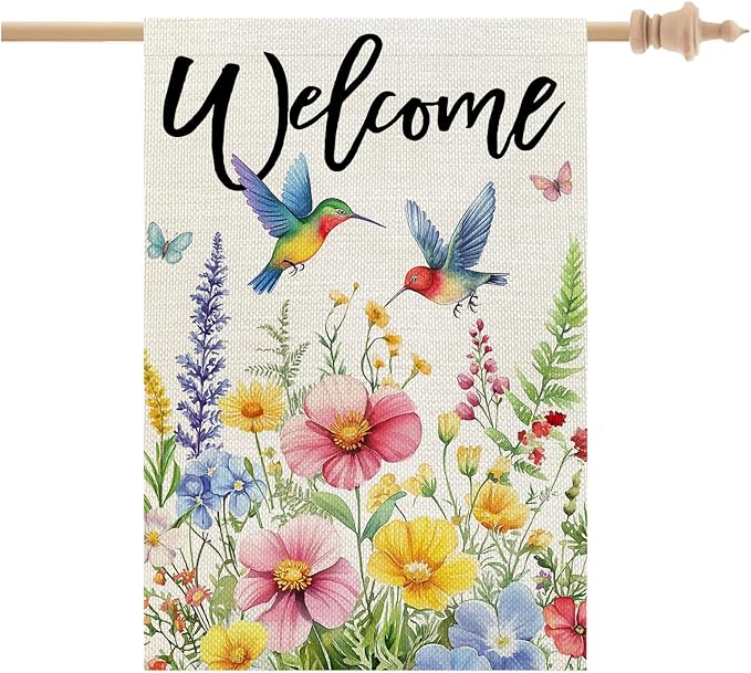 CROWNED BEAUTY Spring House Flag Floral Hummingbirds Double Sided 28x40 Inches Large Burlap Welcome Holiday Seasonal Yard Decoration for Outside Porch