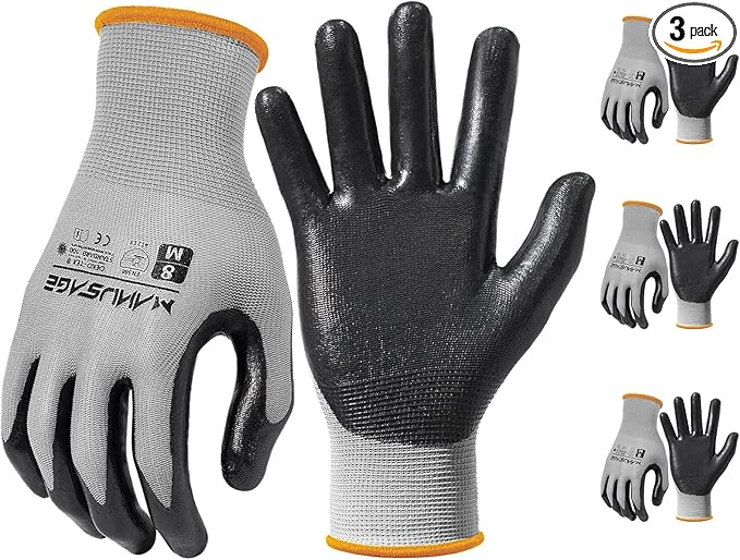 MANUSAGE Safety Work Gloves Nitrile For Men and Women, with Touchscreen Fingers, Men's Work Gloves with Grip, Mechanics Gloves (Size-XL, Grey, 3 Pairs)