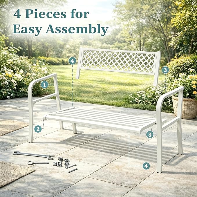Garvee Outdoor Metal Garden Bench for 2 Person, Heavy Duty Steel Patio Bench 790 Lbs Capacity, Weather Resistant Black Porch Seating with Geometric Backrest, Outdoor Furniture for Yard, Deck, Entryway