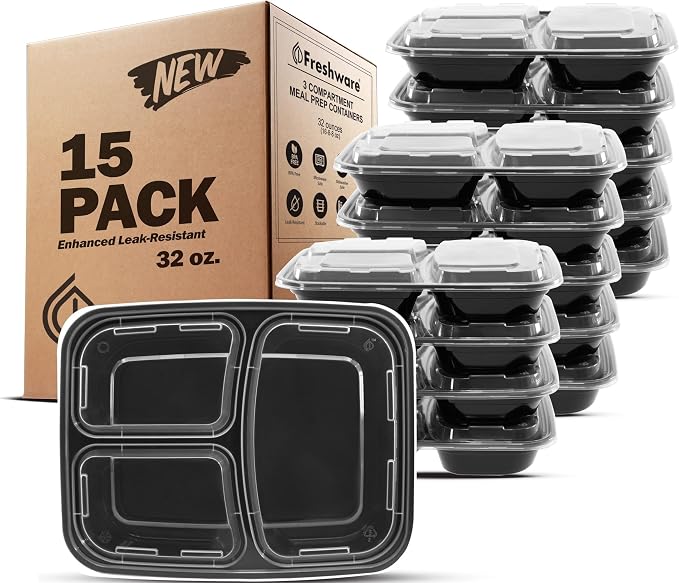 Freshware Meal Prep Containers [15 Pack] 3 Compartment with Lids, Food Containers, Lunch Box, BPA Free, Stackable, Bento Box, Microwave/Dishwasher/Freezer Safe (32 oz)