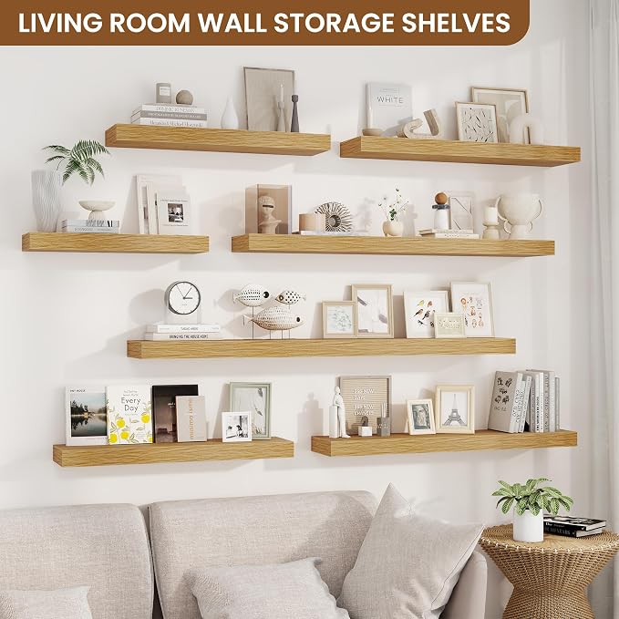 Floating Shelves for Wall, Wall Mounted Wood Shelves, Oak, Set of 2, 32in | Wood Floating Shelf with Invisible Brackets for Living Room, Bathroom, Bedroom, Kitchen, Hanging Shelf for Storage and Decor