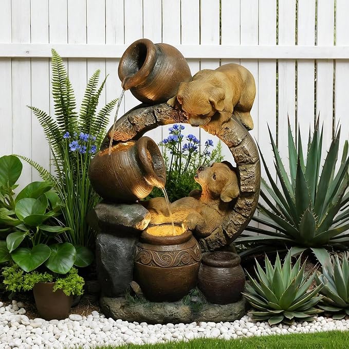 Sunlinua 29" H Dog Outdoor Water Fountain, Decorative Resin Water Fountain with LED Lights, Garden Puppy Waterfall Fountains Indoor and Outdoor for Patio, Porch, Courtyard, Home Decor