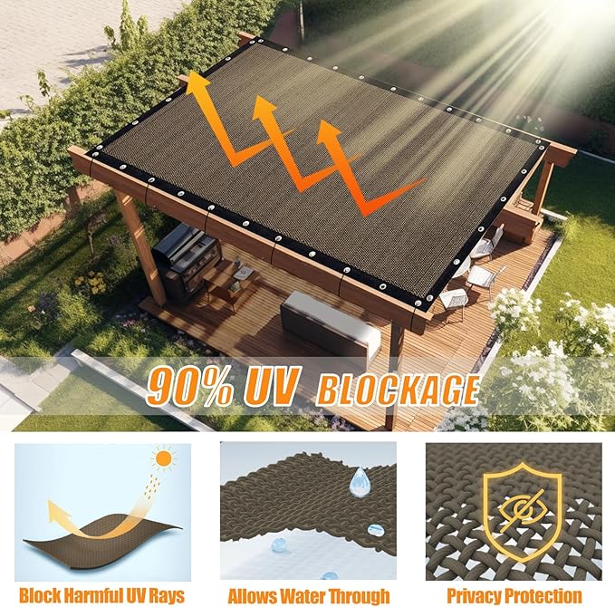 KANAGAWA 90% Sun Shade Cloth 12'X 12' Outdoor Pergola Shade Cover Canopy with Grommets UV Block Privacy Screen for Patio, Backyards, Outdoor, Carport, Garden, Mocha