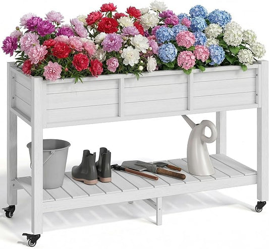 YITAHOME Raised Garden Bed HDPE, 47x18x31In Raised Flower Bed Poly-Wood Weather-Resistant Elevated Planter Box with Lockable Wheels & Storage Shelf for Vegetable Flower, White