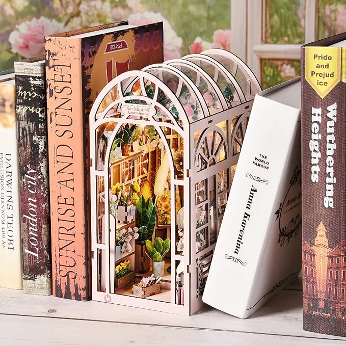Green House Book Nook Kit - DIY Miniature Flower Room 3D Wooden Puzzle, Booknook Bookshelf Decor for Adults Teens, Creative Craft Kits Gift for Family Friends