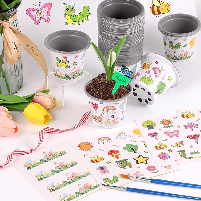 Garden Plastic Pot Craft Kit 50 Nursery Pots with 32 Stickers 50 Plant Labels 4 Painting Tools and 1 Ribbon for Mother's Day Flower Plant Spring Graduation DIY Crafts Painting Gardening Growing Tools