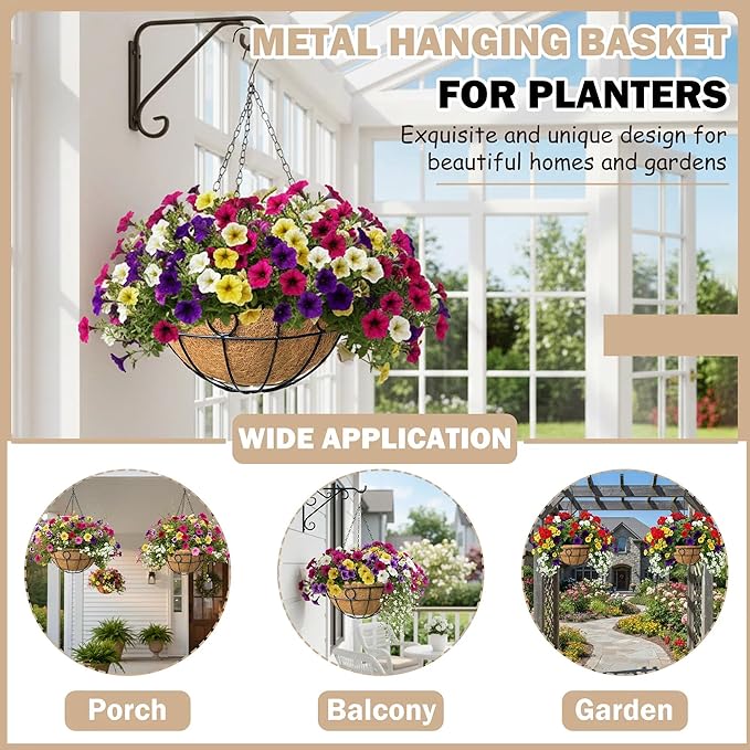 4 Pack 12 inch Black Round Metal Wire Hanging Planter Basket Outdoor Hanging Baskets Indoor with Coco Liner Pot Plant Holder for Home Garden Balcony Decor