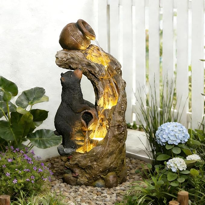 Sunlinua 34" H Decorative Bear Outdoor Water Fountain, Resin Water Fountain with LED Lights, Waterfall Fountains Indoor and Outdoor for Patio, Porch, Courtyard, Home Decor