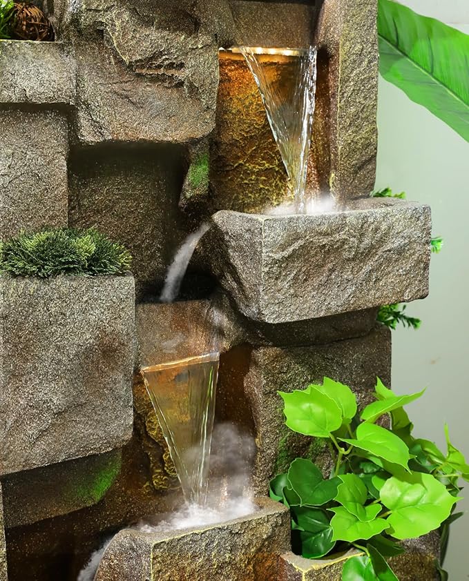 48.6" Water Fountain Outdoor Floor-Standing Garden Fountains with LED Lights 3 Tier Modern Waterfall Fountain Decor Rock Fountain for Patio Garden Yard Backyard Porch Home Art Decor, Yellow