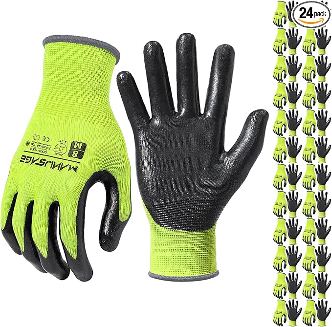 MANUSAGE Safety Work Gloves - Protective Glove for Men & Women - Ultrathin Hand Protection - For Construction, Gardening, Landscaping - Yellow - Size XL - 24 Pairs