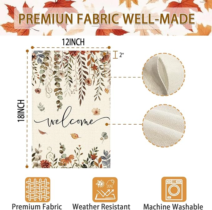 Fall Thanksgiving Harvest Eucalyptus Floral Welcome Garden Flag 12 x 18 Inch Double Sided, Autumn Flower Burlap Small Yard Flag Farmhouse Seasonal Holiday Patio Outdoor Outside Decoration