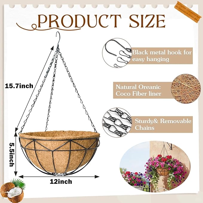 Hanging Baskets for Outdoor Plants (12 inch 4 Pack) Black Metal Wire Flower Basket Coconut Coir Hanging Planters with Chain Indoor Plant Holder for Patio Garden Balcony