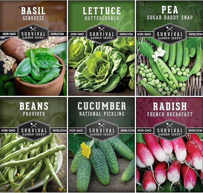 Survival Garden Seeds Kids' Easy Garden Collection - Cucumber, Radish, Beans, Peas, Lettuce, Basil Non-GMO Open Pollinated Seeds for Growing on the Homestead or in the Vegetable Garden