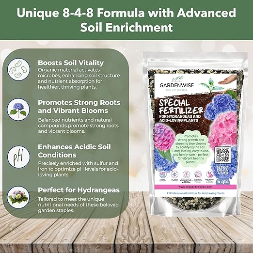 GARDENWISE Slow Release Hydrangea Fertilizer with Iron & Sulfur – Indoor & Outdoor Soil Acidifier for Miracle Growth (4 qt)