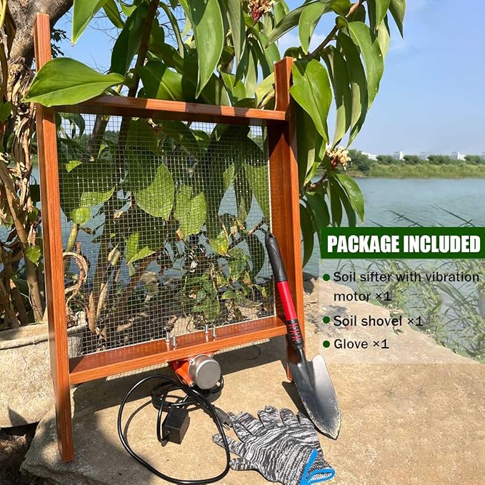 Large Soil Sifter with Vibration Motor, 29.5" x 20" Automatic Wooden Sifting Screen, Stainless Steel Mesh for Gardening, Sand Sifter for Use in Wheelbarrow, Compost Sifter