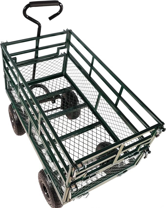 Steel Garden Cart 600 lbs Capacity Heavy Duty Garden Wagons,with Removable Steel Mesh Sides to Convert into Flatbed,Utility Metal Wagon w/ 180°Rotating Handle (Green-Pneumatic-Double Height)