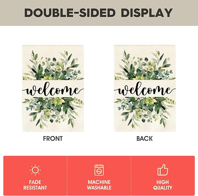 Garden Flag 12x18 Inch Double Sided for Outdoor Use Spring Summer floral welcome sign with eucalyptus design, ideal spring decorations for home, seasonal farmhouse yard flag for outside patio and garden