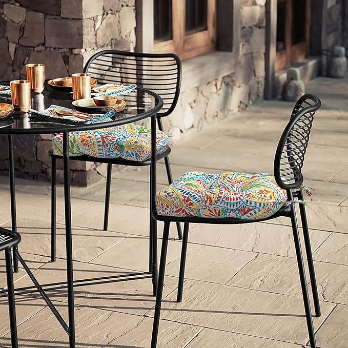 LVTXIII Outdoor/Indoor Tufted Seat Cushion, Decorative Wicker Chair Pads All Weather Seat Cushion Sets for Patio Garden Home Office Furniture, 19”x19”x4”, Round Back, Pack of 2, Paisley Multi