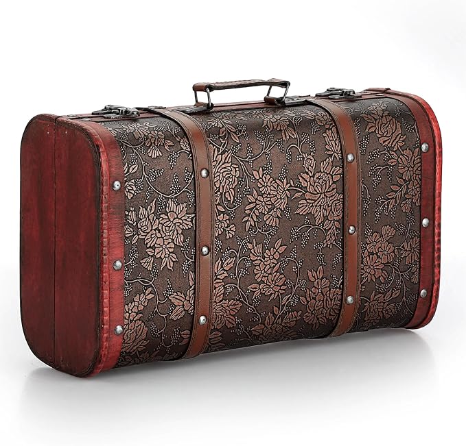 ELLDOO Vintage Wooden Storage Chest, Portable Decorative Luggage Suitcase | Treasure Chest Box with Grape Pattern, Pirate Keepsakes Box for Gifts, Chest Storage Box for Decor Storage Travel